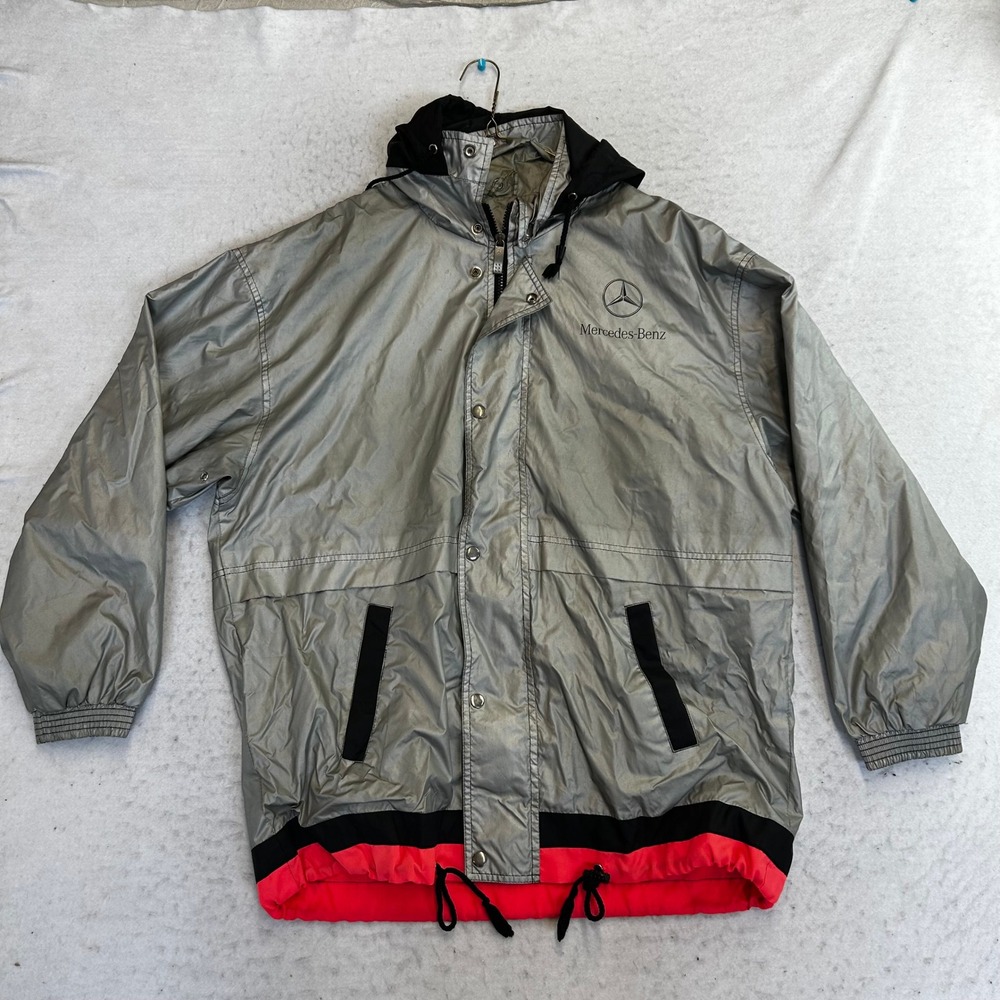 Mercedes-Benz Windbreaker Jacket Mens Small Silver Hooded Metallic Nylon Coat